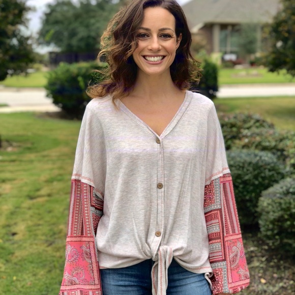 Boho Contrast Tie Shirt - Picture 1 of 3